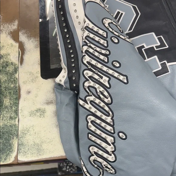 Men's Black and Gray leather Bomber Jacket with Embroidered Patches